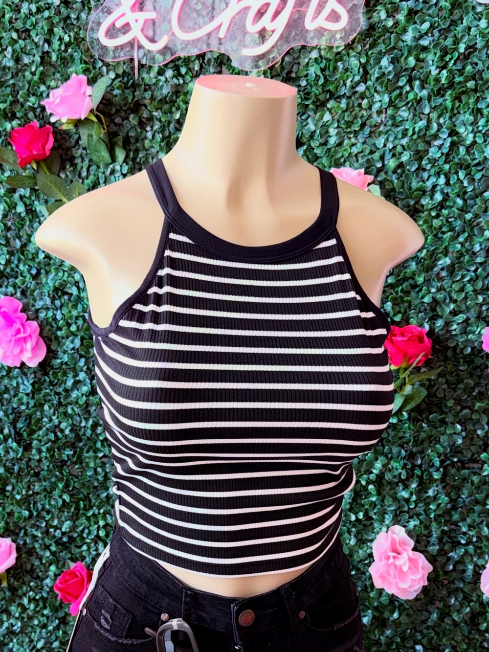 Women’s Black & White Striped Ribbed Halter Tank Top